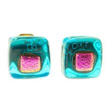 Load image into Gallery viewer, Blue & Pink Fused Glass Mosaic Stud Earrings from Mexico - Blue & Rose Mosaic | NOVICA
