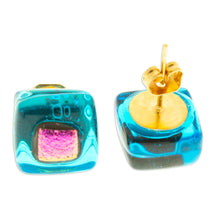 Load image into Gallery viewer, Blue & Pink Fused Glass Mosaic Stud Earrings from Mexico - Blue & Rose Mosaic | NOVICA
