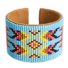 Load image into Gallery viewer, Beaded Leather and Suede Cuff Bracelet Handmade in Guatemala - Native Designs in Light Blue | NOVICA
