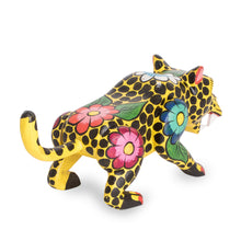 Load image into Gallery viewer, Hand-Painted Floral Wild Cat Wood Figurine from Guatemala - Jarring Jaguar | NOVICA
