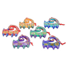 Load image into Gallery viewer, Set of 6 Handcrafted Ceramic Ornaments with Colorful Cats - Hypnotic Felines | NOVICA