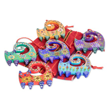 Load image into Gallery viewer, Set of 6 Handcrafted Ceramic Ornaments with Colorful Cats - Hypnotic Felines | NOVICA