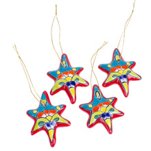 Load image into Gallery viewer, Set of 4 Handcrafted Ceramic Talavera Star Ornaments in Red - Floral Sunrise | NOVICA