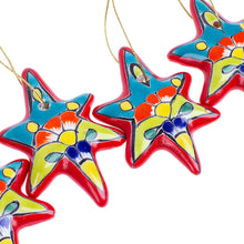 Load image into Gallery viewer, Set of 4 Handcrafted Ceramic Talavera Star Ornaments in Red - Floral Sunrise | NOVICA