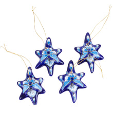 Load image into Gallery viewer, Set of 4 Handcrafted Ceramic Talavera Star Ornaments in Blue - Floral Twilight | NOVICA