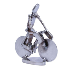 Load image into Gallery viewer, Handcrafted Recycled Scrap Metal Statuette of Man Biking - Ecological Morning | NOVICA