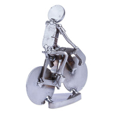 Load image into Gallery viewer, Handcrafted Recycled Scrap Metal Statuette of Man Biking - Ecological Morning | NOVICA