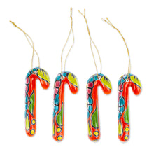 Load image into Gallery viewer, Set of 4 Ceramic Ornaments with Floral Motifs in Vermilion - Vermilion Canes | NOVICA