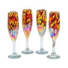 Load image into Gallery viewer, Set of 4 Multicolor Handblown Champagne Flutes from Mexico - Intense Luxury | NOVICA