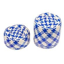 Load image into Gallery viewer, Blue Basket with Lid Hand-Woven from Palm Fiber in Mexico - Rooster in Blue | NOVICA