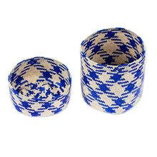 Load image into Gallery viewer, Blue Basket with Lid Hand-Woven from Palm Fiber in Mexico - Rooster in Blue | NOVICA