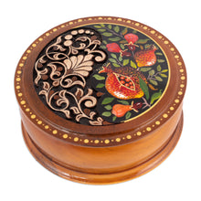 Load image into Gallery viewer, Leafy and Pomegranate-Themed Round Walnut Wood Jewelry Box - Pomegranate Treasure | NOVICA
