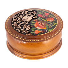Load image into Gallery viewer, Leafy and Pomegranate-Themed Round Walnut Wood Jewelry Box - Pomegranate Treasure | NOVICA