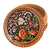 Load image into Gallery viewer, Leafy and Pomegranate-Themed Round Walnut Wood Jewelry Box - Pomegranate Treasure | NOVICA