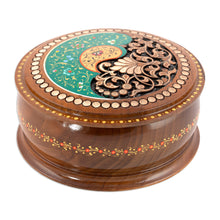 Load image into Gallery viewer, Handcrafted Paisley Round Walnut Wood Jewelry Box in Green - Green Paisley Glory | NOVICA