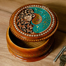 Load image into Gallery viewer, Handcrafted Paisley Round Walnut Wood Jewelry Box in Green - Green Paisley Glory | NOVICA
