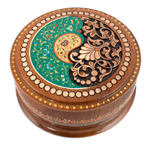 Load image into Gallery viewer, Handcrafted Paisley Round Walnut Wood Jewelry Box in Green - Green Paisley Glory | NOVICA
