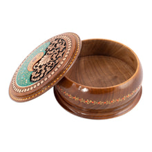 Load image into Gallery viewer, Handcrafted Paisley Round Walnut Wood Jewelry Box in Green - Green Paisley Glory | NOVICA