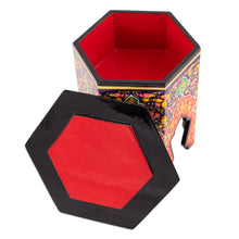 Load image into Gallery viewer, Handcrafted Floral Walnut Wood Jewelry Box in Red and Purple - Namangan Garden | NOVICA
