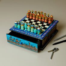 Load image into Gallery viewer, Purple Floral Walnut Wood Chess Set with Desert Scene - Luxurious Days in Bukhara | NOVICA