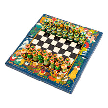 Load image into Gallery viewer, Handcrafted Painted Walnut Wood Chess Set in Teal - Teal Bukhara Folklore | NOVICA