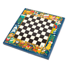 Load image into Gallery viewer, Handcrafted Painted Walnut Wood Chess Set in Teal - Teal Bukhara Folklore | NOVICA
