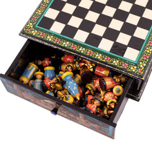 Load image into Gallery viewer, Green Floral Walnut Wood Chess Set with Desert Scene - Green Days in Bukhara | NOVICA