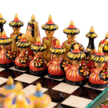 Load image into Gallery viewer, Green Floral Walnut Wood Chess Set with Desert Scene - Green Days in Bukhara | NOVICA