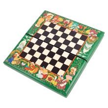 Load image into Gallery viewer, Handcrafted Painted Walnut Wood Chess Set in Green - Green Bukhara Folklore | NOVICA