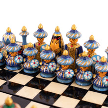 Load image into Gallery viewer, Handcrafted Painted Walnut Wood Chess Set in Green - Green Bukhara Folklore | NOVICA