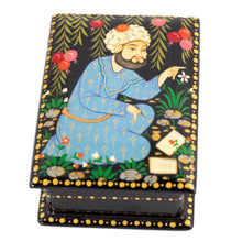 Load image into Gallery viewer, Handcrafted Black Walnut Wood Jewelry Box with Poet in Blue - Thriving Poem | NOVICA
