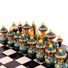 Load image into Gallery viewer, Handcrafted Painted Walnut Wood Chess Set in Black - Night Bukhara Folklore | NOVICA