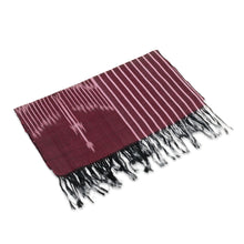 Load image into Gallery viewer, Hand-Woven Fringed Cotton Ikat Scarf in Burgundy and Pink - Fergana in Burgundy | NOVICA
