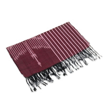 Load image into Gallery viewer, Hand-Woven Fringed Cotton Ikat Scarf in Burgundy and Pink - Fergana in Burgundy | NOVICA