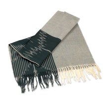 Load image into Gallery viewer, Hand-Woven Fringed Cotton Ikat Scarf in Grey and Ivory - Fergana Sky | NOVICA