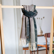 Load image into Gallery viewer, Hand-Woven Fringed Cotton Ikat Scarf in Grey and Ivory - Fergana Sky | NOVICA