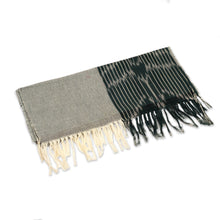 Load image into Gallery viewer, Hand-Woven Fringed Cotton Ikat Scarf in Grey and Ivory - Fergana Sky | NOVICA