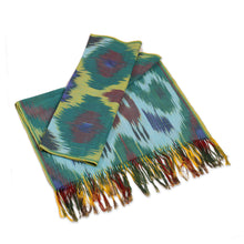 Load image into Gallery viewer, Colorful Fringed Cotton Ikat Scarf Hand-Woven in Uzbekistan - Fergana Forest | NOVICA