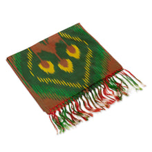 Load image into Gallery viewer, Hand-Woven Fringed Silk Ikat Scarf in Brown Green and Yellow - Samarkand Heritage | NOVICA
