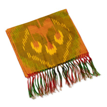 Load image into Gallery viewer, Handmade Fringed Silk Ikat Scarf in Orange Green and Yellow - Ancient Samarkand | NOVICA