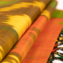 Load image into Gallery viewer, Handmade Fringed Silk Ikat Scarf in Orange Green and Yellow - Ancient Samarkand | NOVICA