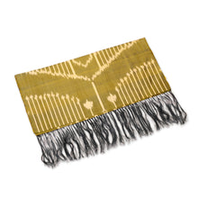 Load image into Gallery viewer, Handwoven Traditional Patterned Olive and Beige Silk Shawl - Uzbekistan Waterfall in Olive | NOVICA