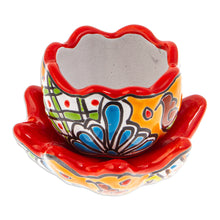 Load image into Gallery viewer, Handcrafted Floral Ceramic Pot with Saucer in Strawberry - Talavera Eden in Strawberry | NOVICA