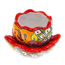 Load image into Gallery viewer, Handcrafted Floral Ceramic Pot with Saucer in Strawberry - Talavera Eden in Strawberry | NOVICA