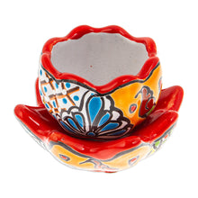 Load image into Gallery viewer, Handcrafted Floral Ceramic Pot with Saucer in Strawberry - Talavera Eden in Strawberry | NOVICA