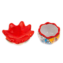 Load image into Gallery viewer, Handcrafted Floral Ceramic Pot with Saucer in Strawberry - Talavera Eden in Strawberry | NOVICA