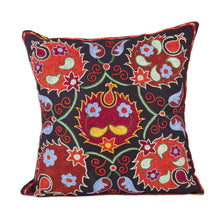 Load image into Gallery viewer, Floral Embroidered Cotton Cushion Cover - Yurt Nights | NOVICA