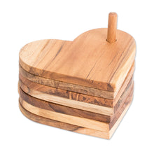 Load image into Gallery viewer, 6 Heart-Shaped Teakwood Coasters with Stand from Guatemala - United by Love | NOVICA