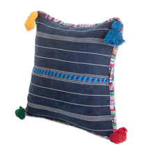 Load image into Gallery viewer, Handwoven Blue Cotton Cushion Cover with Zipper Closure - Land of Traditions | NOVICA