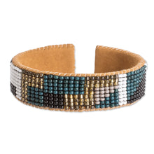 Load image into Gallery viewer, Geometric Glass Beaded Cuff Bracelet with Leather Accents - Geometric Sparkles | NOVICA